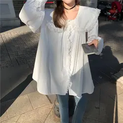 Plus Size 6XL 150KG Loose White Lace Autumn Shirt for Women Peter Pan Collar Solid Female Shirts Tops Oversized Blouses