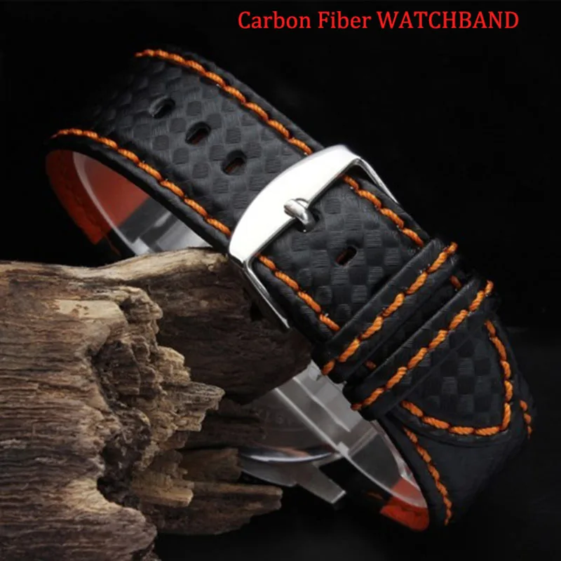 18mm 20mm 22mm 24mm Mens Watch Band Carbon Fibre Watch Strap with Red Stitched + Leather Lining Stainless Steel Clasp watchband