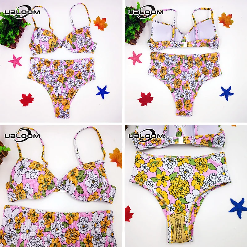 Bikini plissé à armatures pour femmes, maillot de bain deux pièces, Sexy, taille haute, soutien-gorge Push Up, motif Floral, pour baigneurs