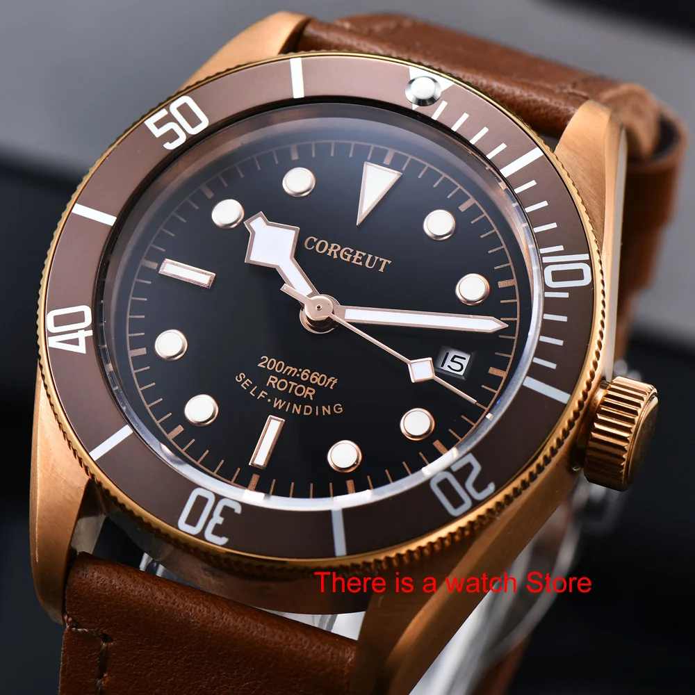 Corgeut 41mm Automatic Watch Men Military Black Dial Wristwatch Leather Strap Luminous Waterproof Sport Swim Mechanical Watch