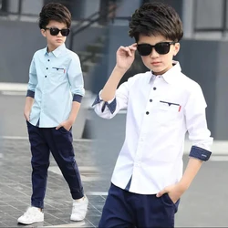 Kids White Striped Shirts For Teenager Boys Long Sleeve School Formal Birthday Blouse Shirts Tops Children Baby Clothes 6-14 Y