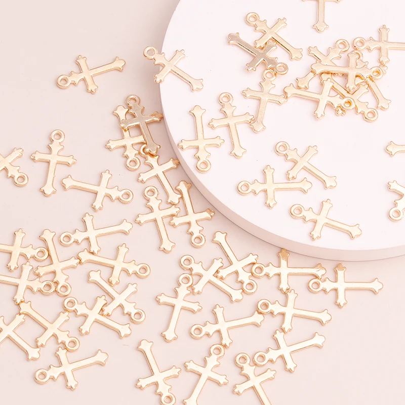 Leslie 40pcs Simple Style Beads Cross Pendants Charms for DIY Making Necklaces Gold Color Jewelry Handmade Finding 17x11mm