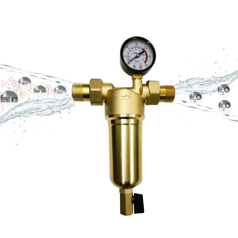 圧力計付き温水プレフィルター、ステンレス鋼メッシュフィルター、滑らかでお手入れが簡単、真ちゅう製、サイズ1/2 "、3/4"