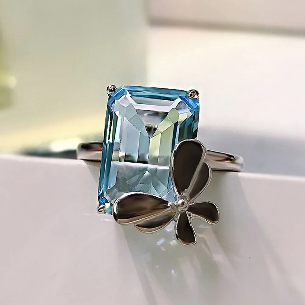 Romantic 925 Sterling Silver 10*14mm Topaz Aquamarine Stone Butterfly Rings for Girlfriend Wedding Fine Jewelry Anniversary Gift