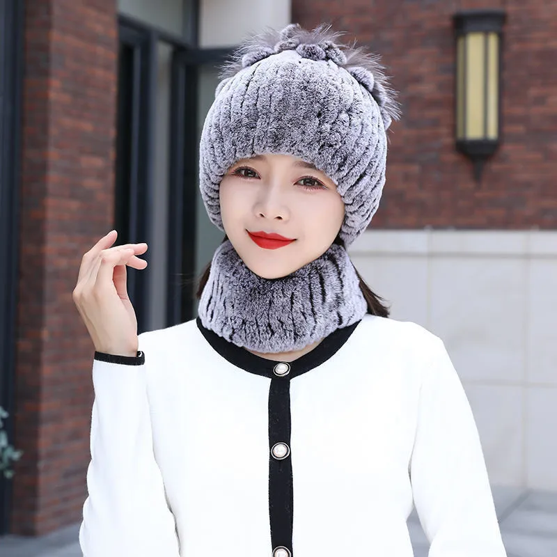 Women Winter Rex Rabbit Fur Hats And Bib Snoods Fashion Warm Fur Thickened Fox Fur Autumn And Winter Fur Hats