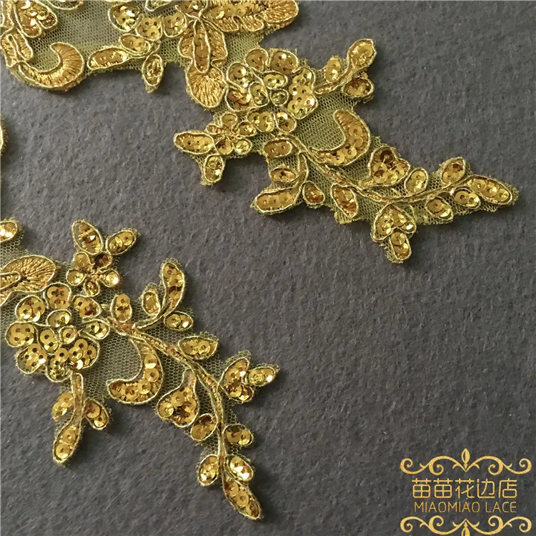 3Pairs/6Pcs Gold Glitter Lace Applique Flower Sequin Lace Fabric For Garment Wedding Accessories Cloth DIY Craft 22.5X8cm