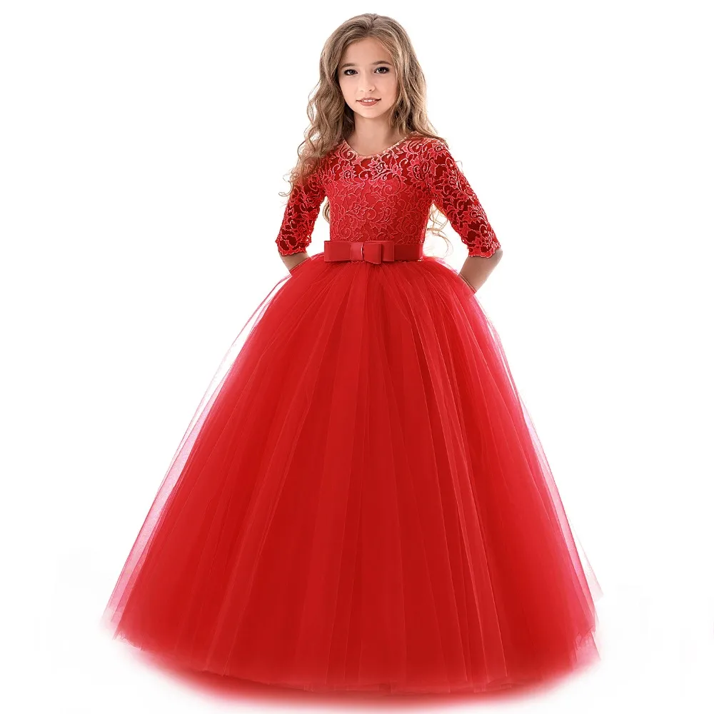 Princess Lace Dress Kids Flower Embroidery Dress For Girls Vintage Children Dresses For Wedding Party Formal Ball Gown 14T