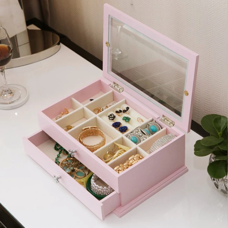 Double-layer Wooden Jewelry Box Desktop wWooden Storage Box Jewelry Finishing Box Cosmetics Storage Box Earrings Display Box