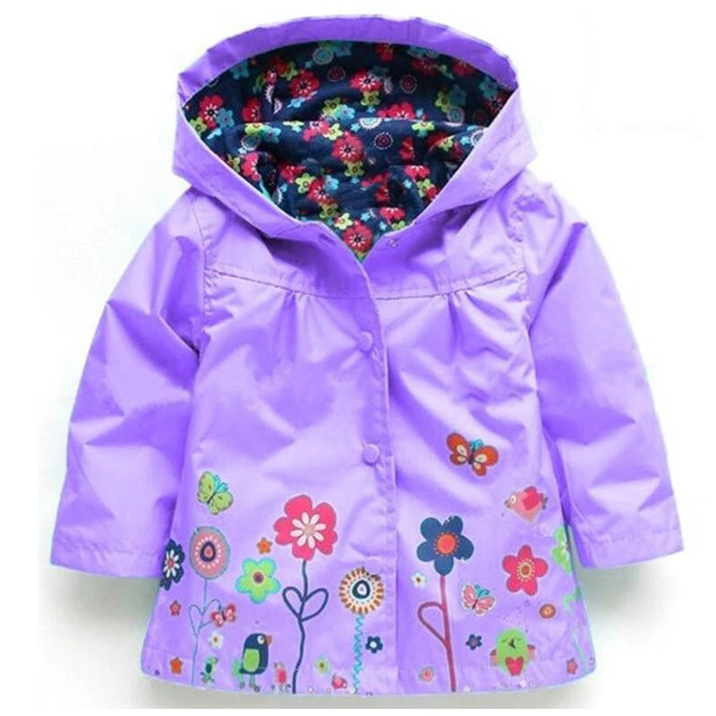 Flowers Girls Jackets Autumn Waterproof Kids Jacket Windbreaker Coat Hooded Casual Girls Raincoat 2-6 Year Old Children Clothing
