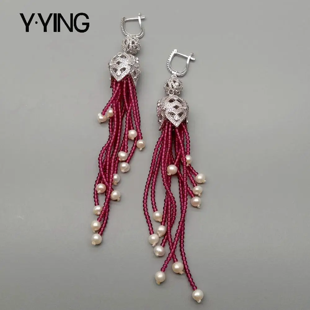 Y·YING Natural round Garnet White Pearl Tassel Cubic Zirconia Pave dangle LeverBack Earrings