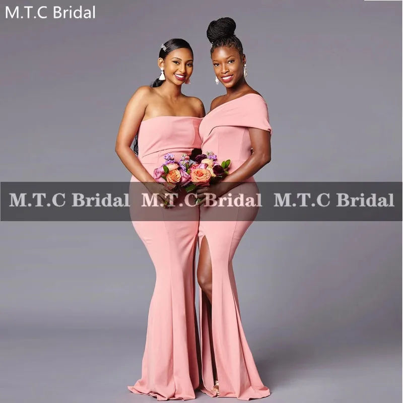 Long Mermaid Pink Bridesmaid Dresses Off The Shoulder Side Slit Lace Up Back Black Girls Wedding Party Maid Of Honor Gowns Cheap