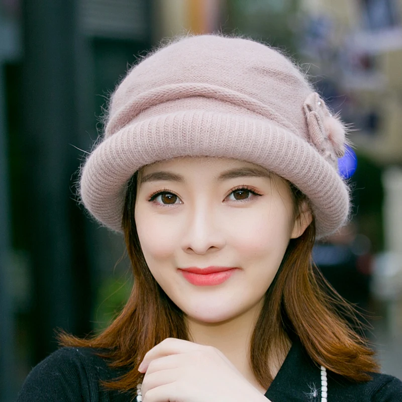 

H7765 Rabbit Hair Bucket Cap Women Autumn Winter Warm Mother Old Lady Thicker Knitting Fisherman Hat Grandmother Elegant Hats