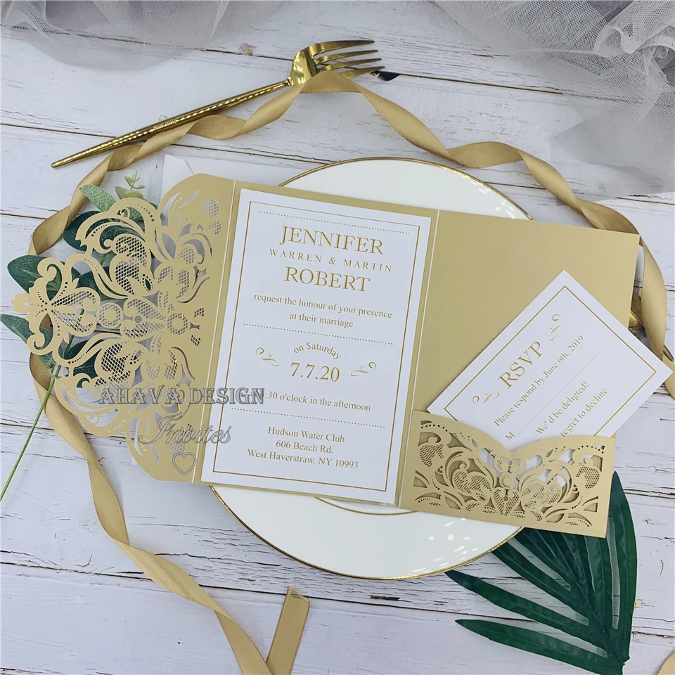 Modern Gold Tri-fold Laser Cut Wedding Invites With Respond Card, Personalized Tag&Belly Band