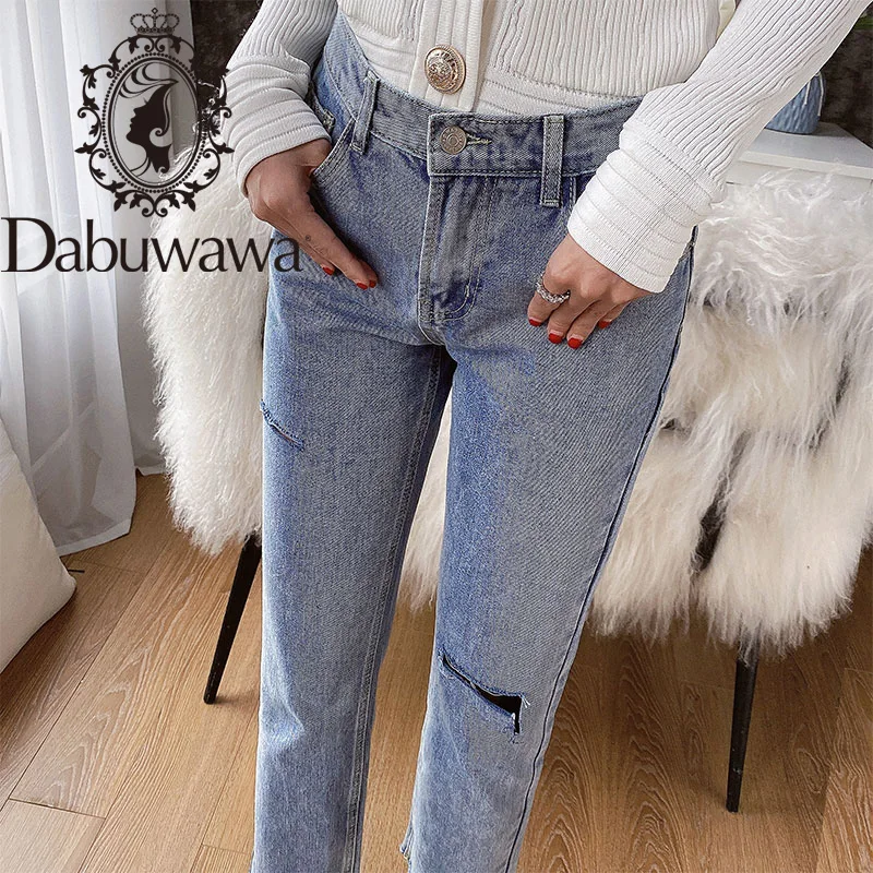 Dabuwawa Summer Streetwear Blue Straight Denim Jeans Women Fashion High Waist Hole Jeans Pants Female DO1BLJ002