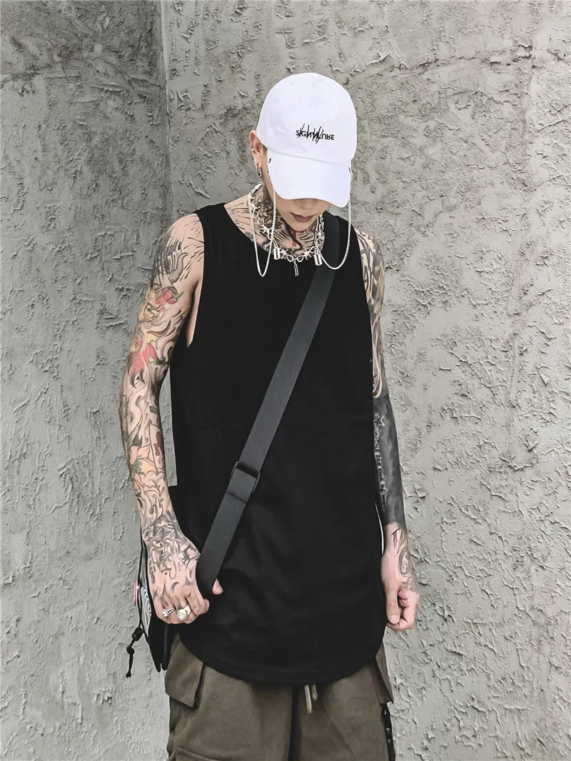 Summer oversize loose big vest men's pure cotton breathable solid color mid-length sleeveless T-shirt loose waistcoat