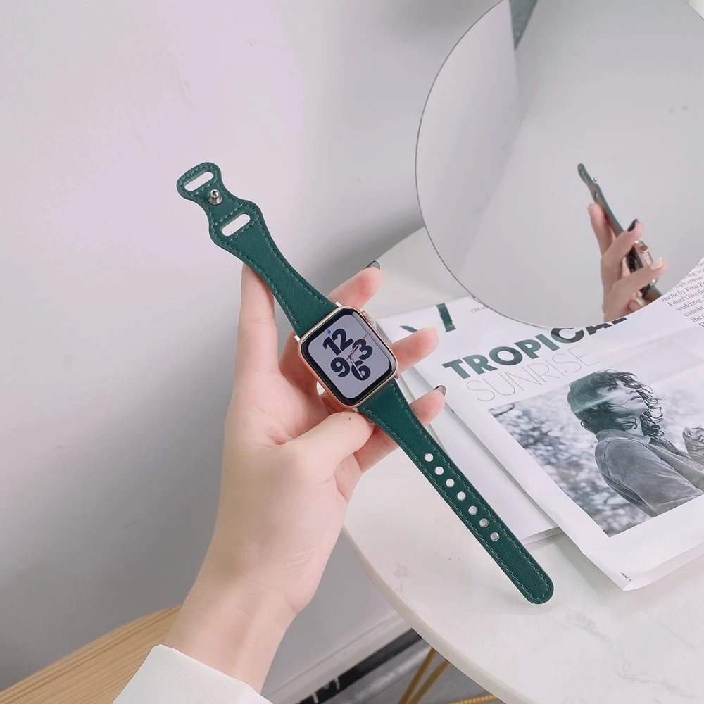 Ремешок Slimmer для Apple Watch Series se7 6 5 4 3 2 1 41/45 мм, спортивный кожаный браслет с пряжкой с язычком для iWatch 38 мм 40 мм 42 мм 44 мм, Correa