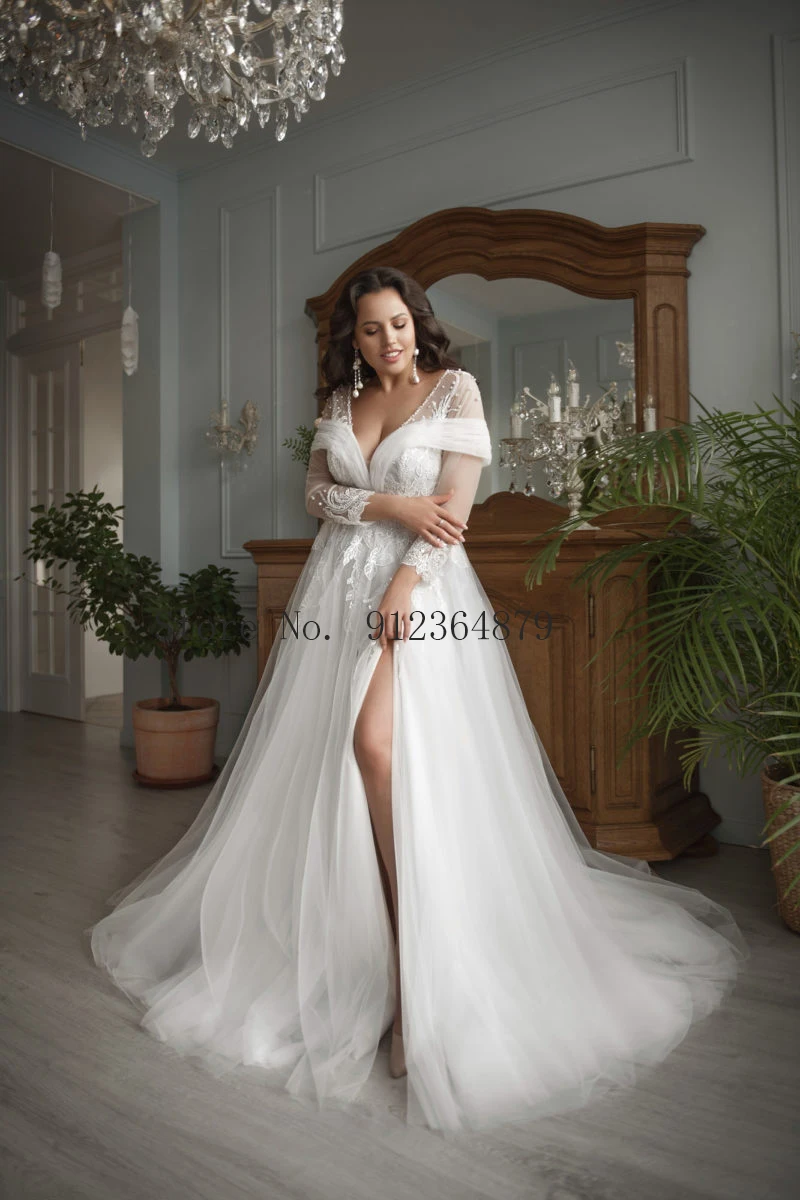 Vestidos De novia con cuello en V profundo y ilusión transparente, impresionante Vestido De boda De manga corta con cuentas y abertura lateral De talla grande