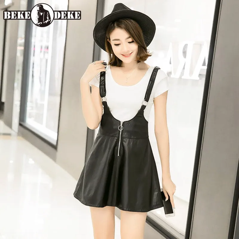 

100% Real Leather Strap Dress Women Elegant Slim Front Zip A-Line Short Dress Street Brand High Waist Sheepskin Pleated Dress