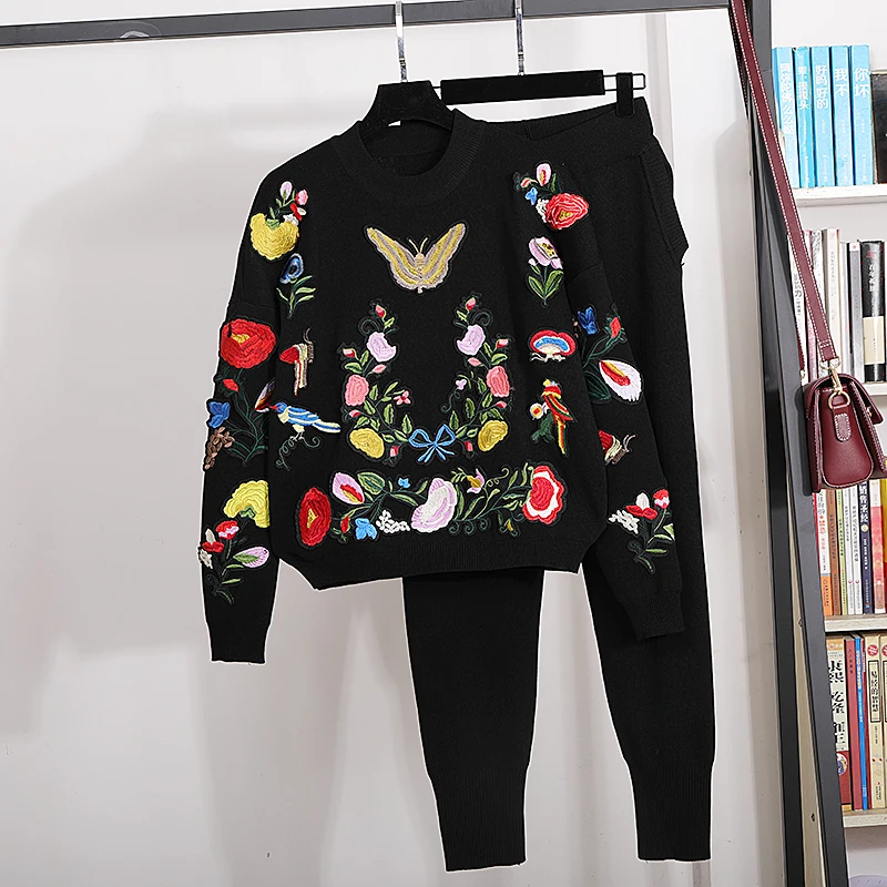 Fashion Black Knitted Outfits Women Tracksuit Butterfly Embroidery Flowers Sweater Pencil Pants Set Female Loose Knit Suit 2pc