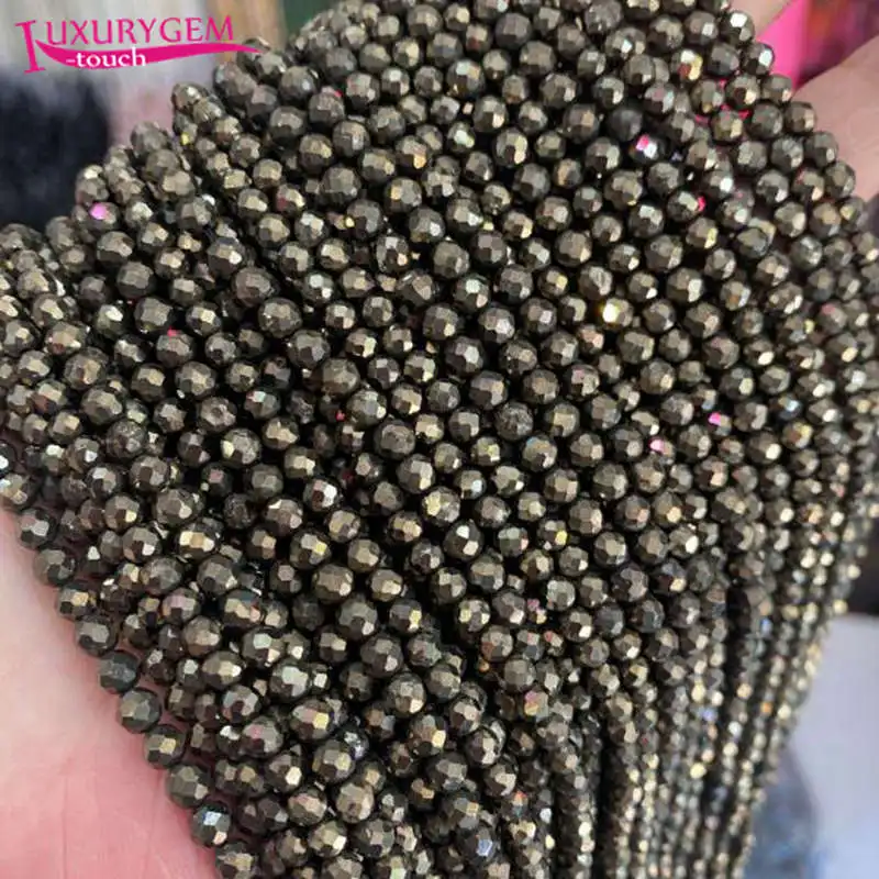 Natural Pyrites Stone 2/3/4mm Faceted Round Shape Loose Spacer Beads Bracelet Necklace Jewelry Accessory 38cm b148