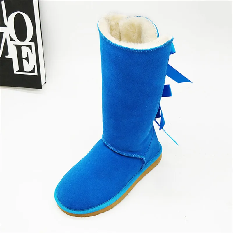 Three Bowknot 2023 Thick Plush Boots Women\'s Shoes Warm Shoes High Boots Winter Mujer Botas Genuine Leather Woman Snow Boots