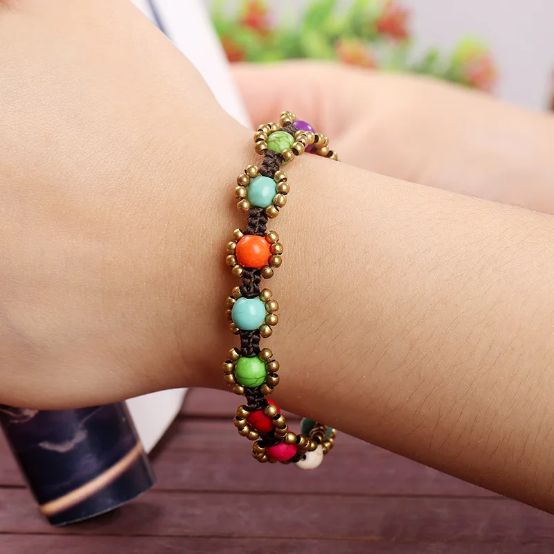 Bohemian Ethnic Style Retro Turquoise Women\'s Bracelet Wax Rope Hand-woven DIY Beach Style Creative Couple Female Bangle Jewelry