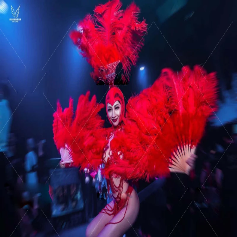 Opening party gogo dance team ostrich hair headdress fan pearl suit costume Stage show