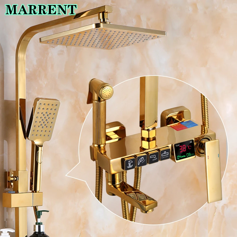 Hot and Cold Gold Digital Bathroom Shower System Set Quality Brass Bathtub Mixer Faucets Smart Thermostatic Gold Shower Set