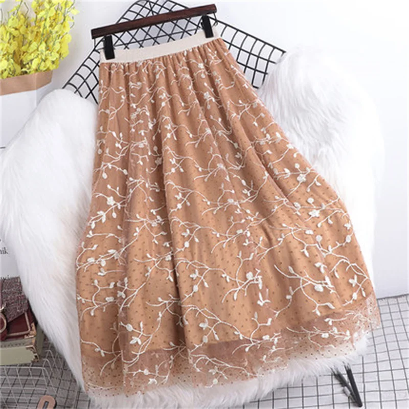 

Vintage High Waist Mesh Embroidered Skirt Women's Clothing 2022 Spring Summer New Fashion A-line Slim Skirts D1434