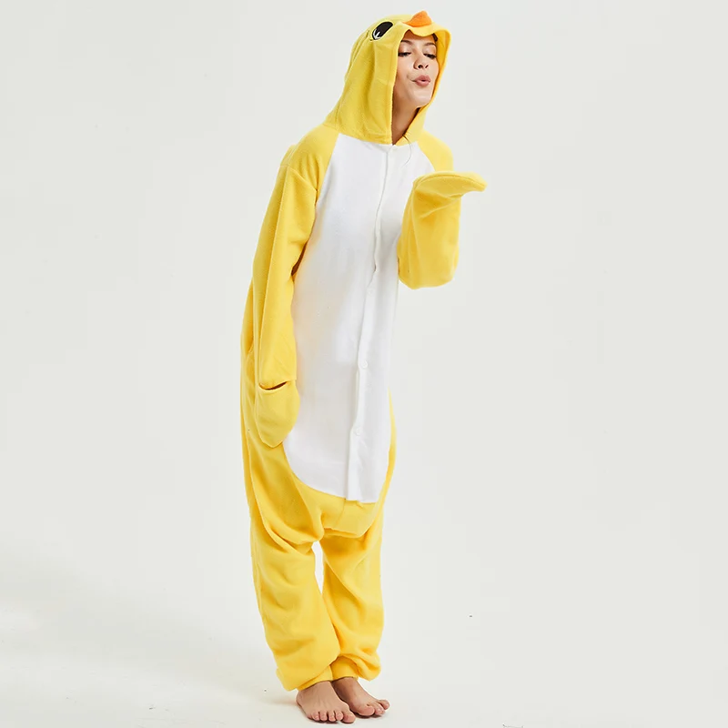 Yellow chick Animal Women Pajama Suit Sleepwear Homewear Adult Onesie Funny Polar Fleece Winter Pijamas Party Costume