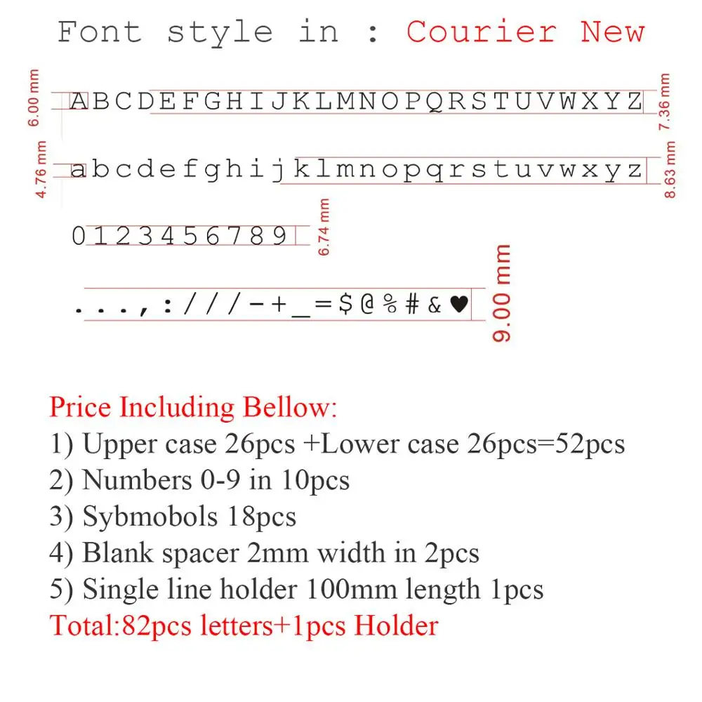 Courier New font style brass hot foil stamping letters ,based on 