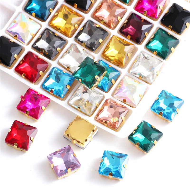 Square Glittering Crystal Sew on Glass  Rhinestone with golden claw sew on stones strass for clothing accessories shoes