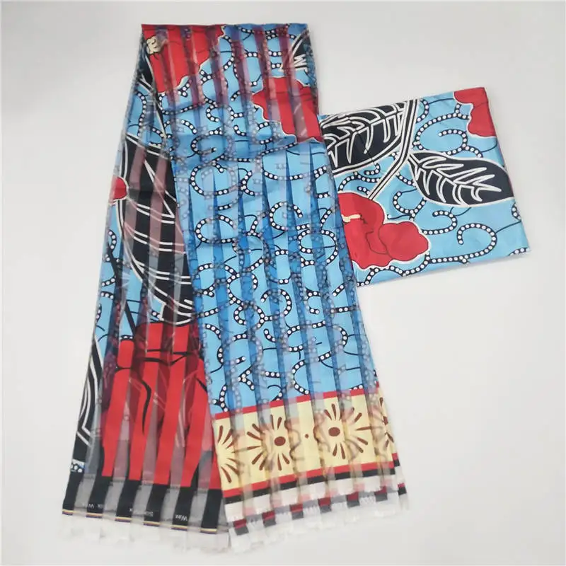 Hot sale high quality ghana style satin silk fabric with organza ribbon and african wax design 6 yards/set.78217