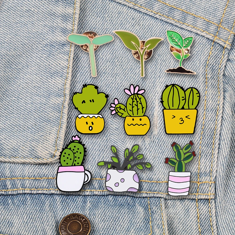 9 Styles Mini Potted Plant Enamel Pins Green Cactus Buds Grass Brooches Women Men Lapel Pins Badge Fashion Cartoon Jewelry Gift