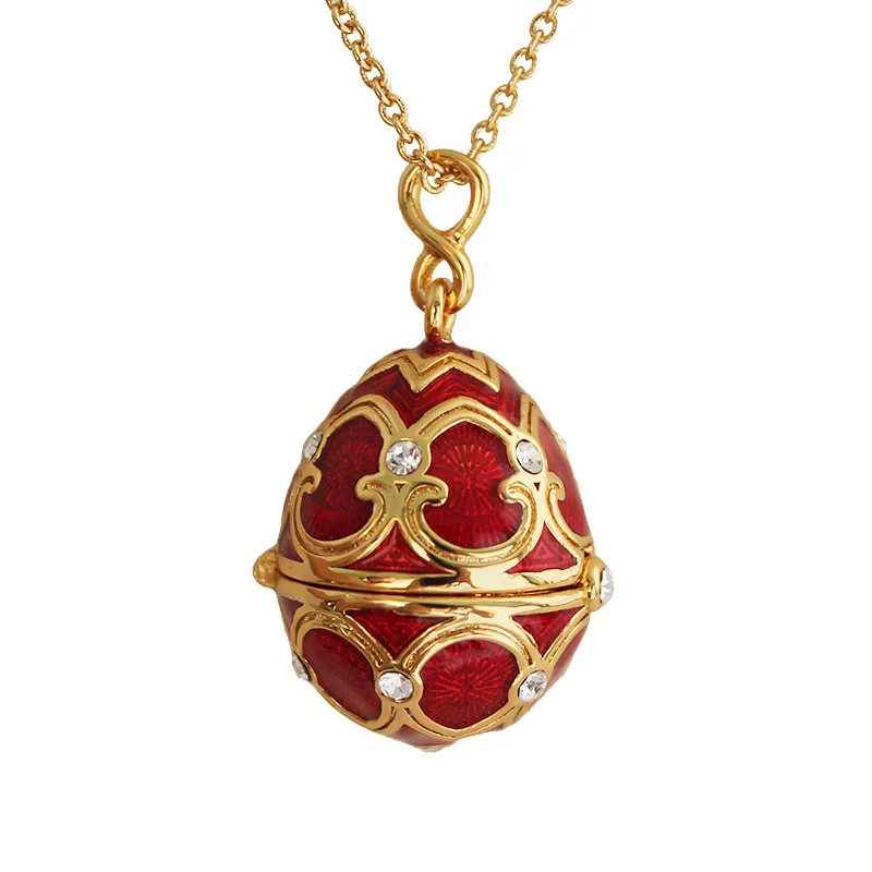 Vintage Enamel Faberge Style Easter Egg Pendant,18K Gold Plated Necklace Jewelry Locket Crystal Clover Gift for Women Girls