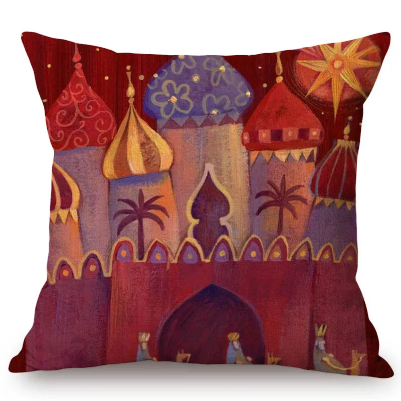 Lovely Cute Muslim Cartoon Ramadan Eid Mubarak Mosque Arabic Middle East Mediterranean Sofa Pillow Case Linen Cushion Cover Case