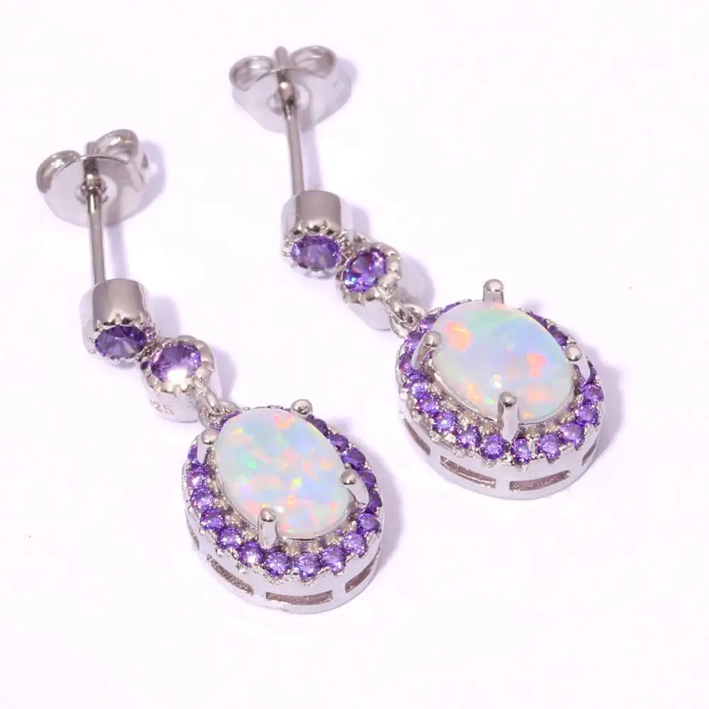 CiNily Large White Fire Opal Oval Stone Earrings Silver Plated Violet Lilac Purple Zircon Crystal Vintage Party Jewelry Women