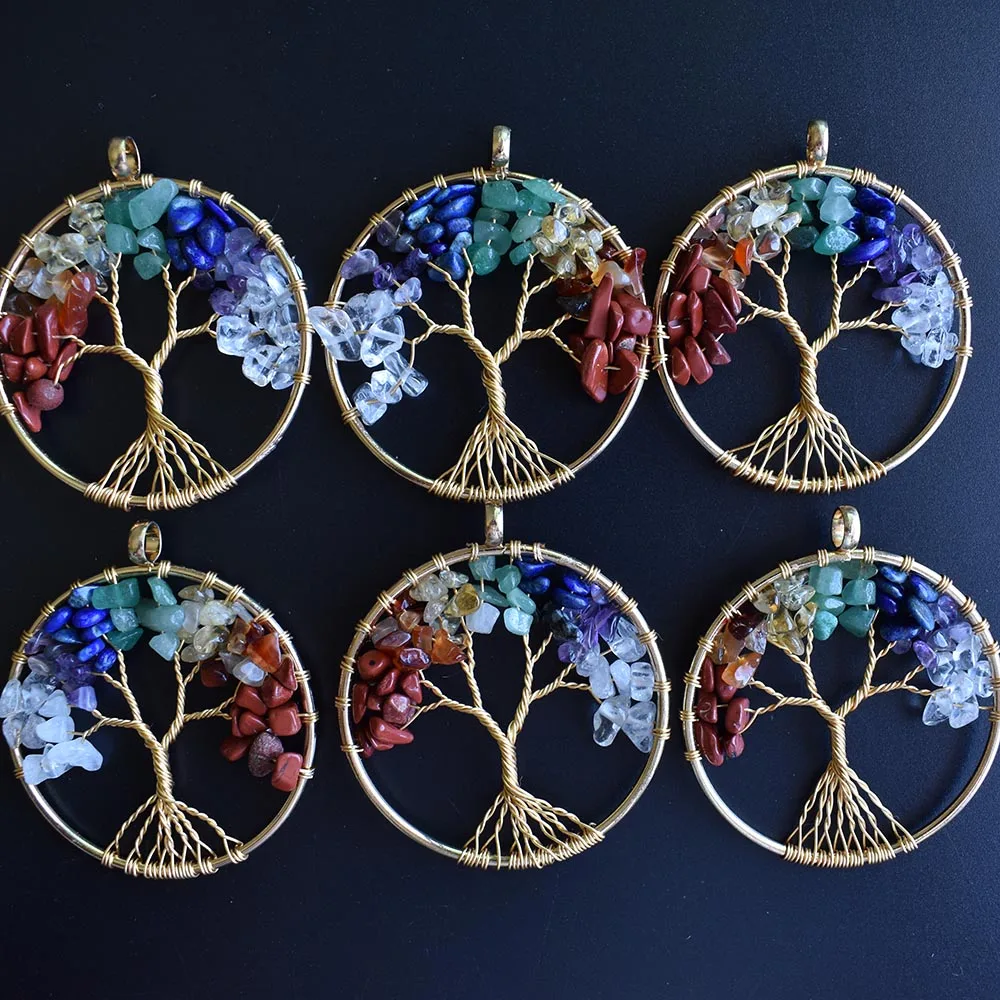 

Wholesale 12pcs/lot new mixed natural stone Tree of life gold color wire wrapped Pendants 50mm for jewelry marking free shipping