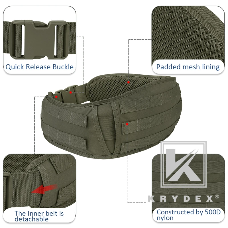 Imagem -05 - Krydex-cinto Tático Acolchoado Molle Sistema de Cintura para Homens Caça Combate Multi Função Fivela de Liberação Rápida Ranger Verde