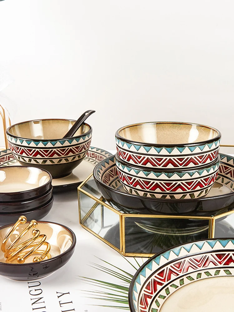 

Yuquan regor ethnic style retro bowl set Bohemian bowl dish combination ceramic tableware family 4 people