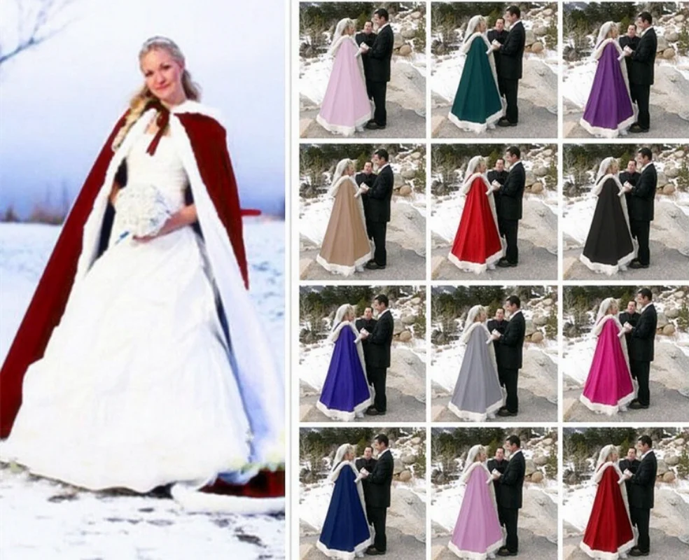 Warm winter wedding jacket long hooded cloak with faux fur trim multicolor bridal wedding shawl cloak wedding accessories