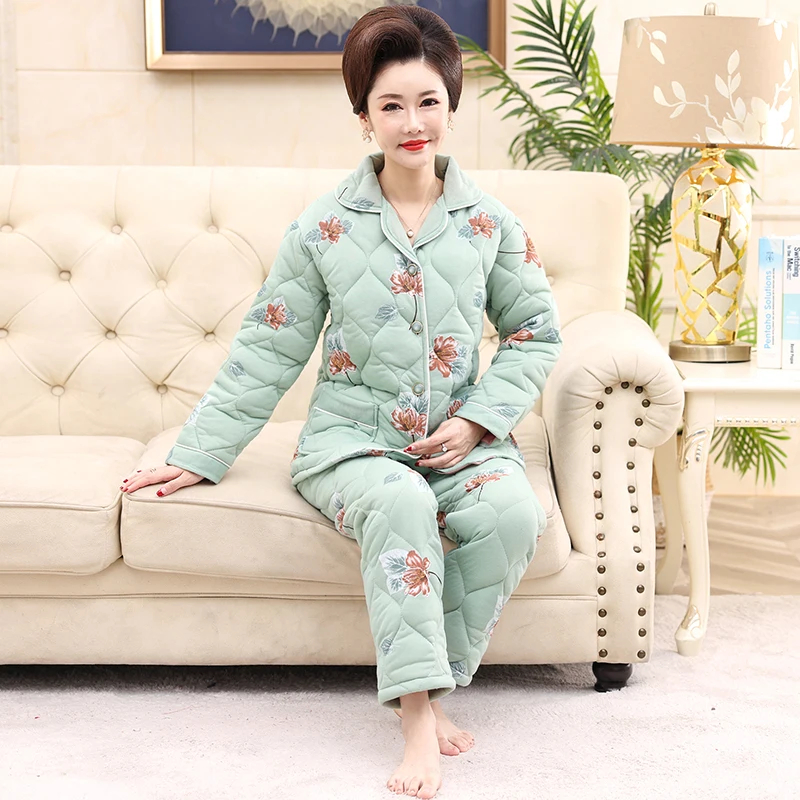 

Woman Knit Cotton Quilted Pajamas Sets Thick 3 Layers Pyjamas Autumn Winter Women Flower Pajama Sets Long Sleeves Home Wear