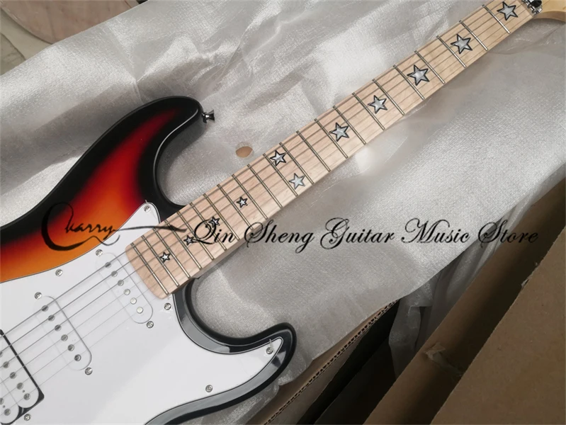 Custom Ordering  star electric guitar,6 strings sunburst guitar,ssh pickups,tremolo bridge,white pickguard,stars inlay