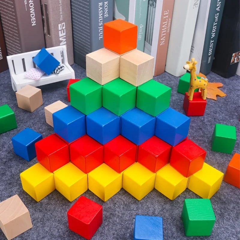 Juguetes de madera para bebés, juego de apilamiento de bloques de construcción de colores Montessori, Cubo de aprendizaje educativo creativo de equilibrio