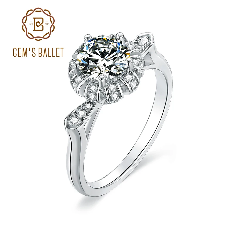 

GEM'S BALLET 925 Sterling Silver Five Prong Rings Bride Wedding Jewelry 1Ct Moissanite Stone Fashion Flower Designs Women Ring