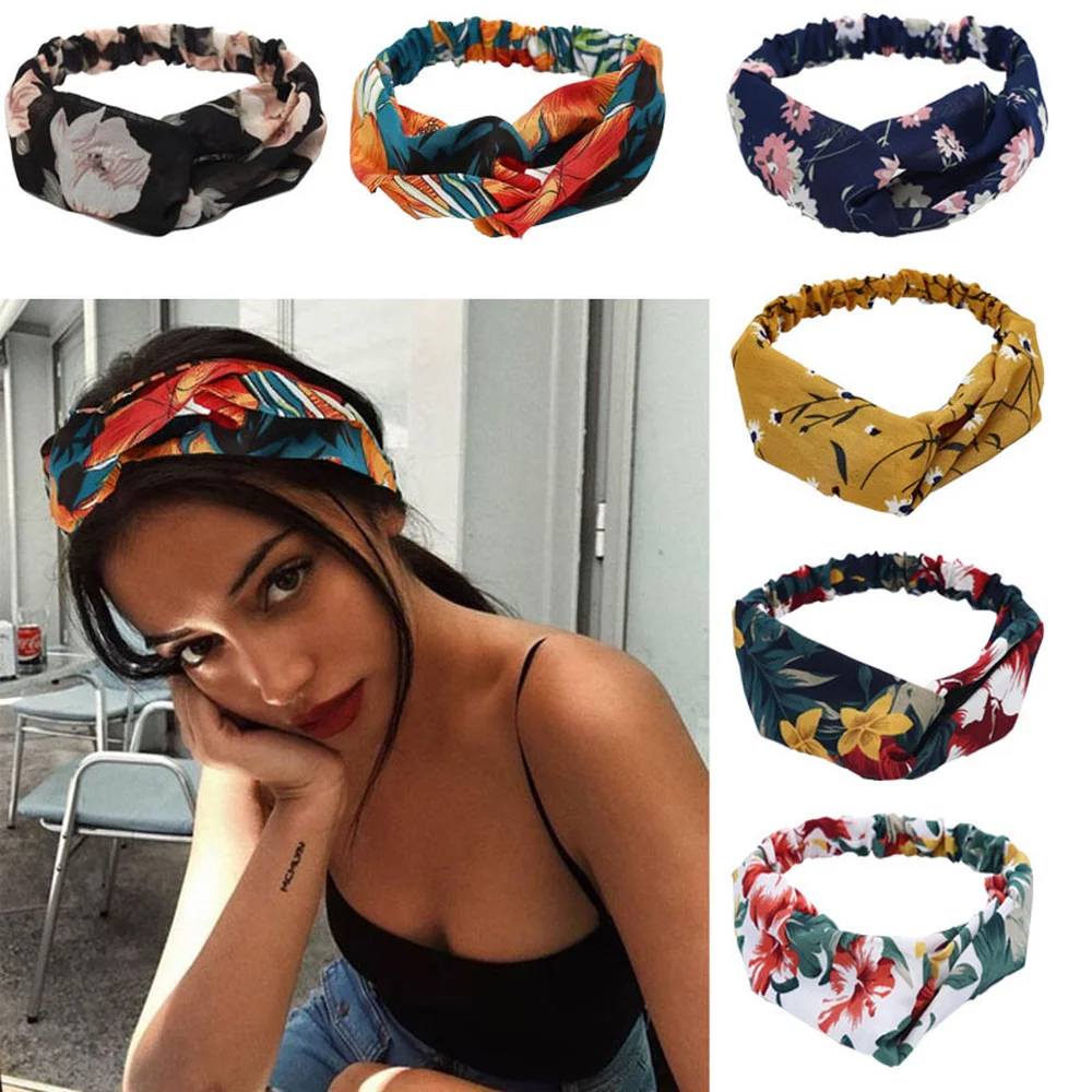 Fabric Flowers Print Chiffon Wide Hair Band Sweet Floral Women Cross Twisted Turban Hair Accessories Girl Accessories Headband