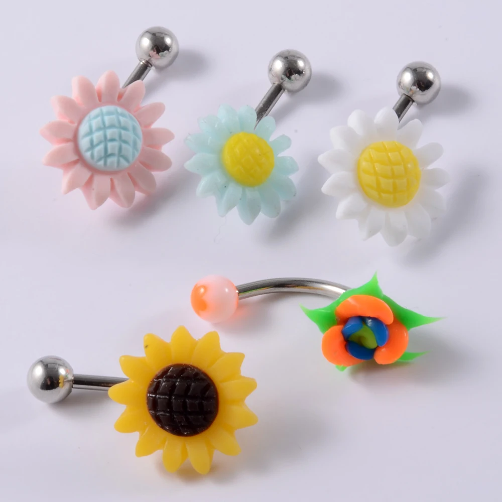 CHUANCI 1PCS Daisy Belly Button Ring Sunflower Navel Belly Bar Surgical Steel Buckle Ring Body Piercing Jewelry For Girl