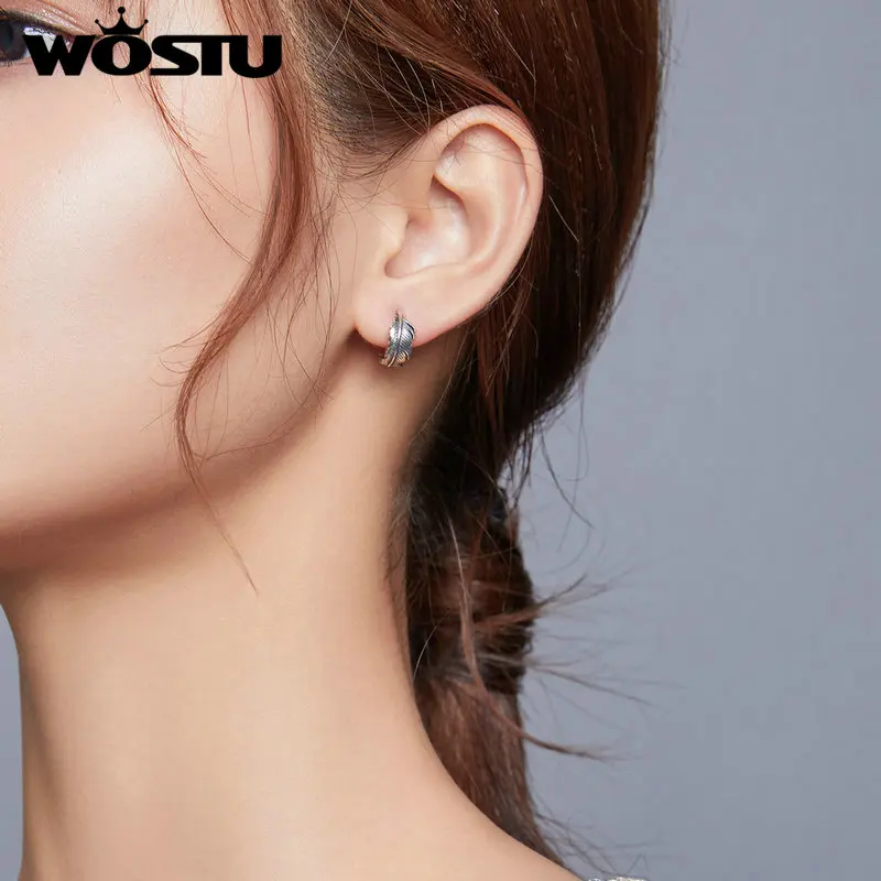 WOSTU-pendientes de tuerca de pluma Retro para mujer, de Plata de Ley 925 auténtica, joyería clásica de boda, CQE923