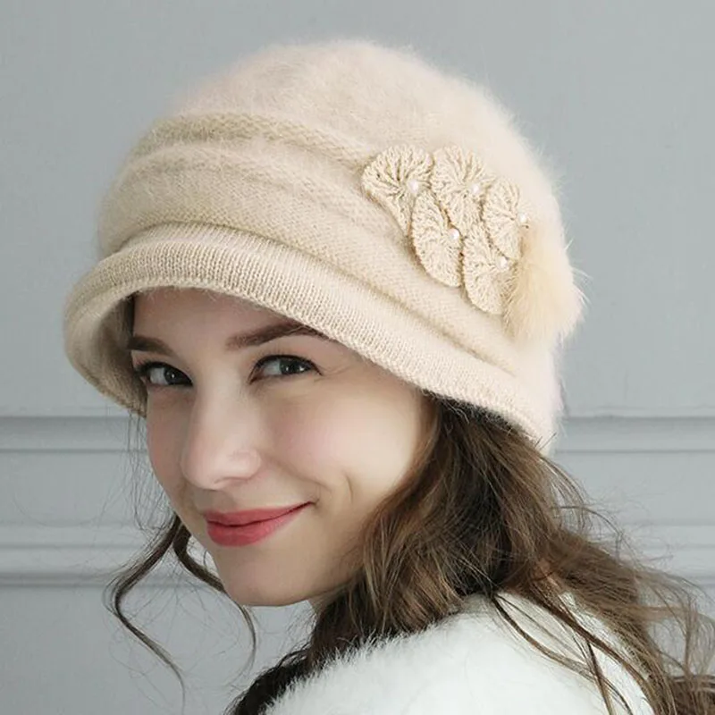 Lady Beanies Hats For Women Winter Rabbit Fur Red Knitted Caps Female Fashion Wool Hat Girls Warm Bonnet Femme Hiver 2020