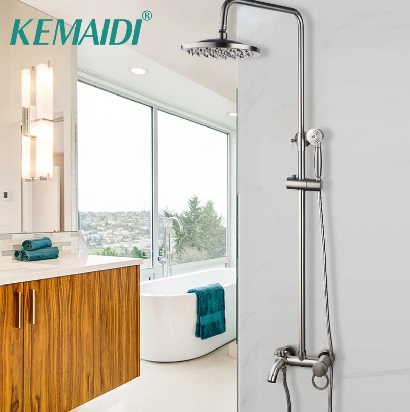 

KEMAIDI Nickel Brushed Wall Mounted Shower Faucet Mixer Tap 3 Function Rain Shower Head & Handheld Spray Bathroom Shower Set